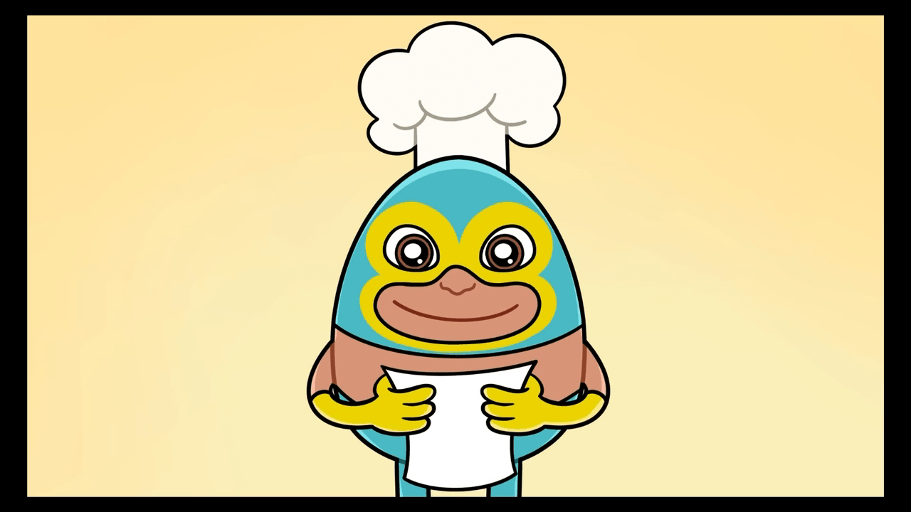 Paco Taco dressed as a chef, holding his recipe
